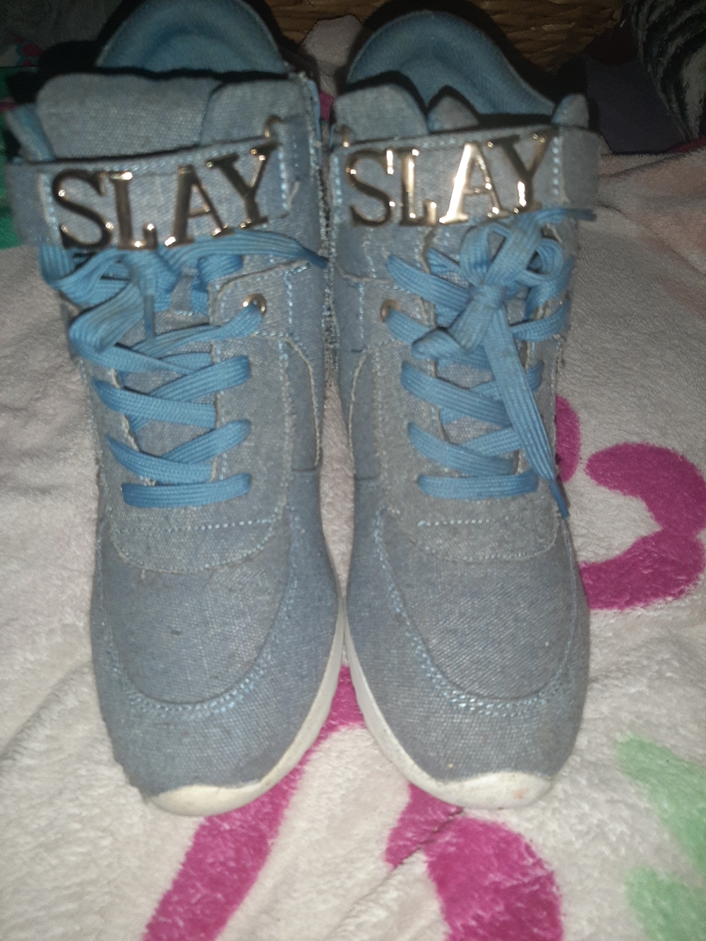 SLAY Denim High-Top Sneakers in Light Blue Women Size 10 - Picture 2 of 5